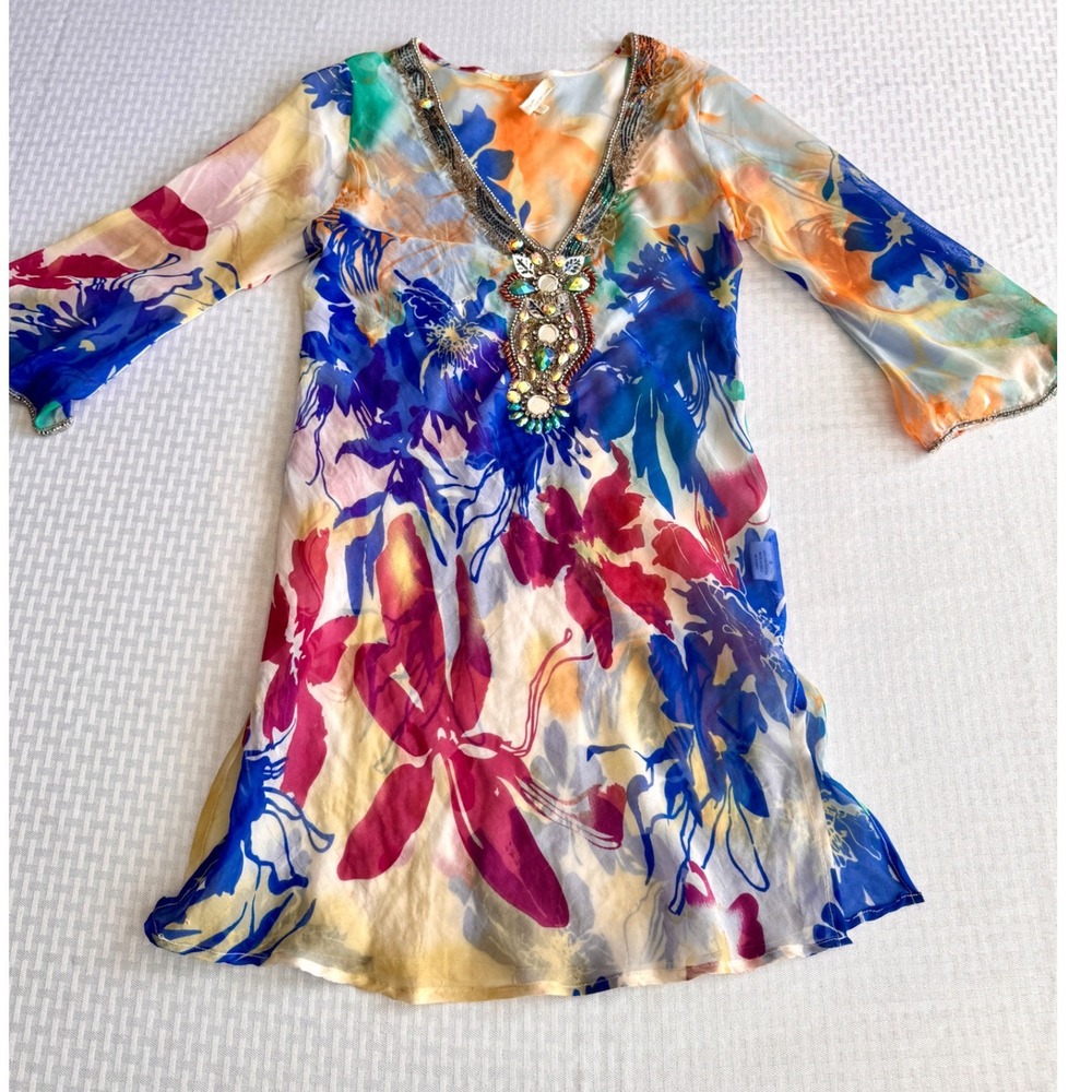 Solitaire Los Angeles Floral Beaded Tunic Dress Small Boho Watercolor Blue Pink